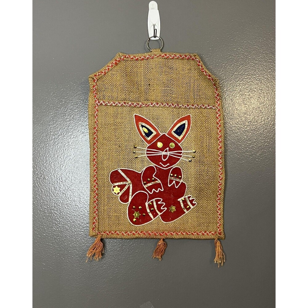 Vintage Handmade Burlap Wall Hanging Storage Pocket Cat Folk Art Decor 17x10